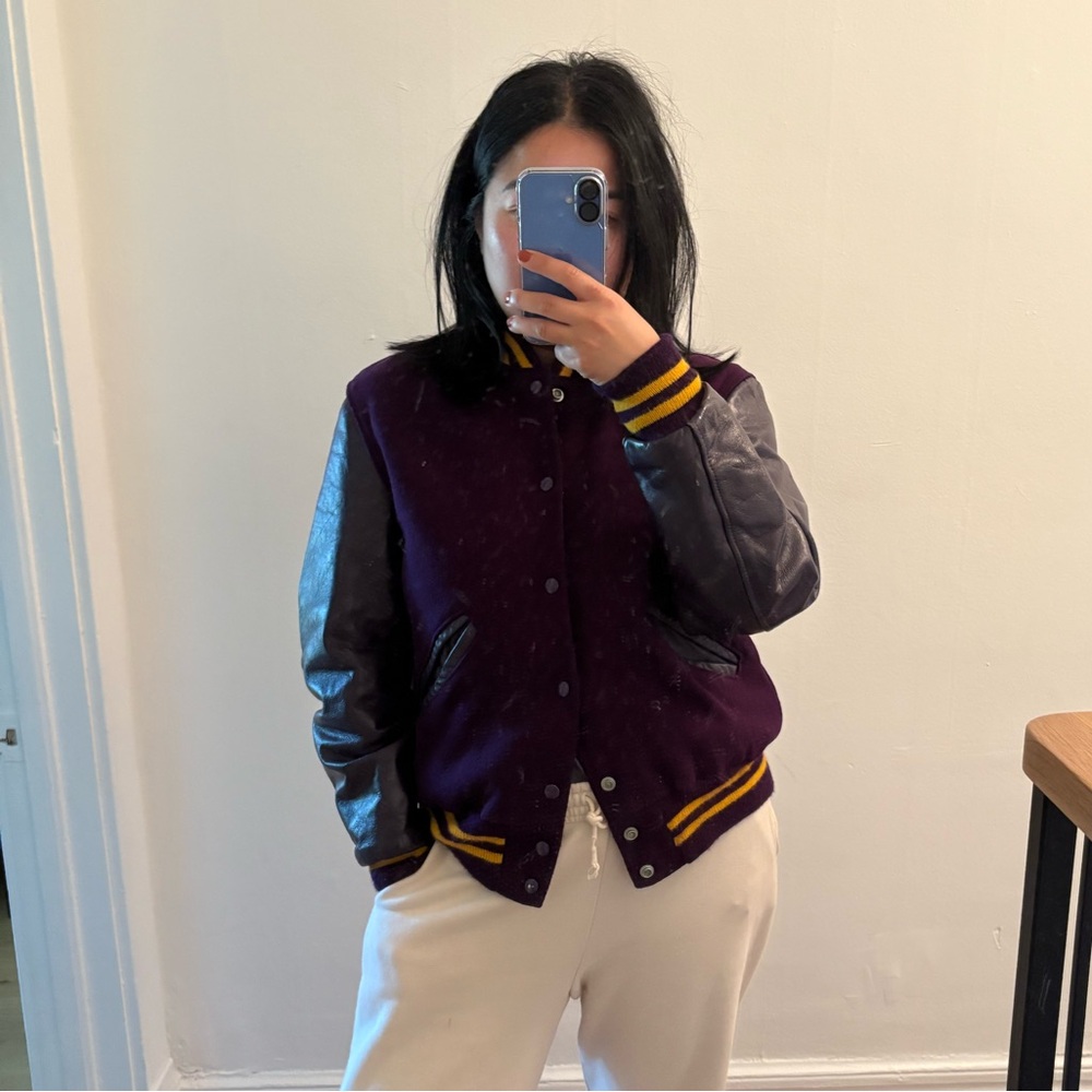 Vintage Delong Sportswear Purple Varsity Jacket with Leather Sleeves